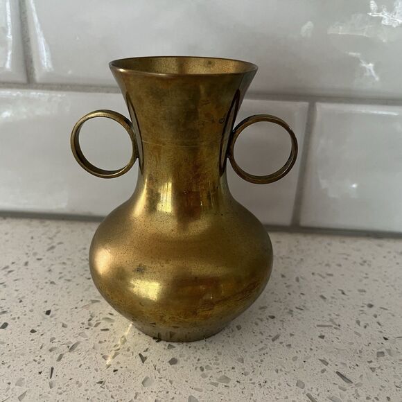 Vintage Brass Vase With Double Handles Made in India Home Gold Decor MCM - Picture 1 of 6